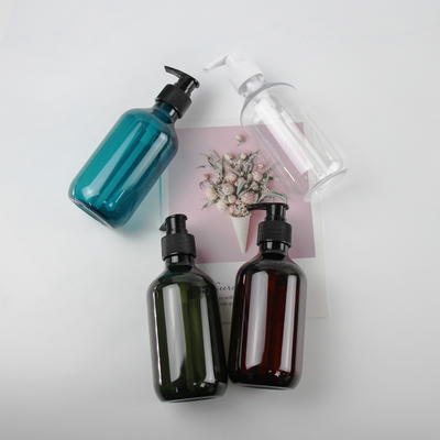 製造業者の卸売のブラウンの灰色300mlの透明な空ペット ポンプ帽子が付いているプラスチック シャンプーのびん